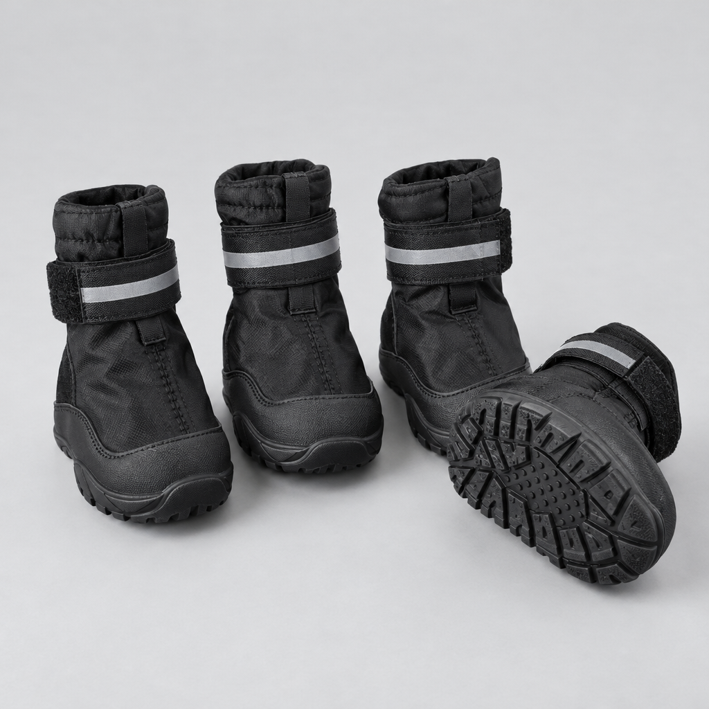 Set of four black waterproof dog boots with non-slip soles