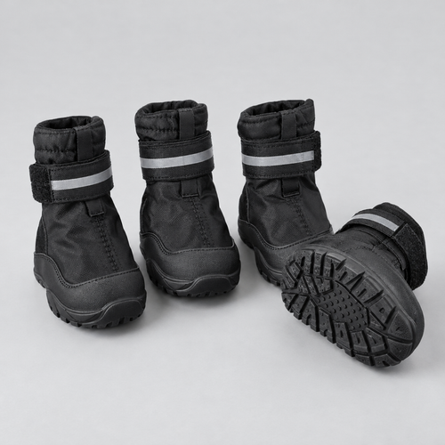 Set of four black waterproof dog boots with non-slip soles