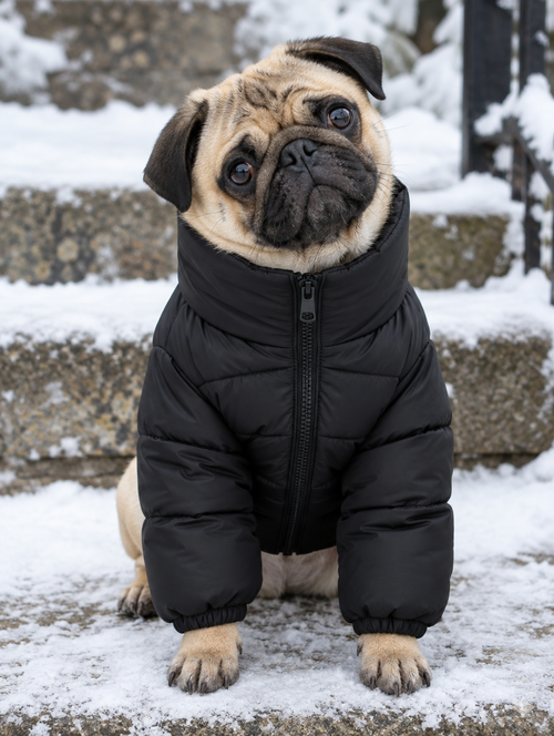 Pug in an all-black dog puffer