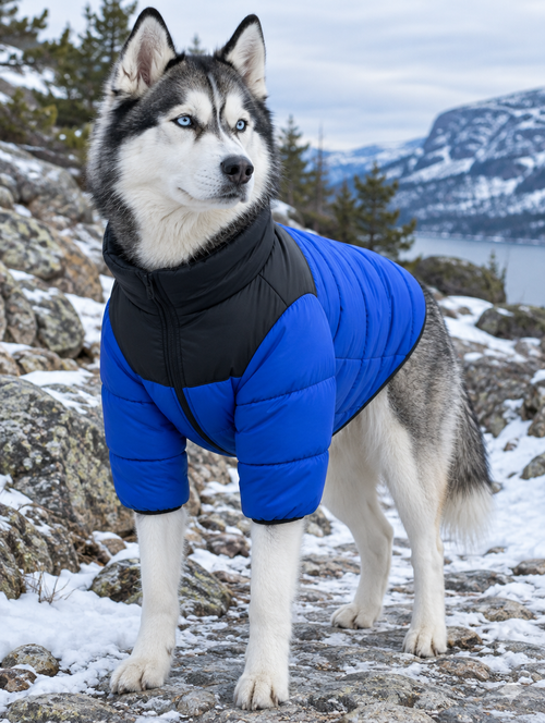Husky in a black and blue puffer