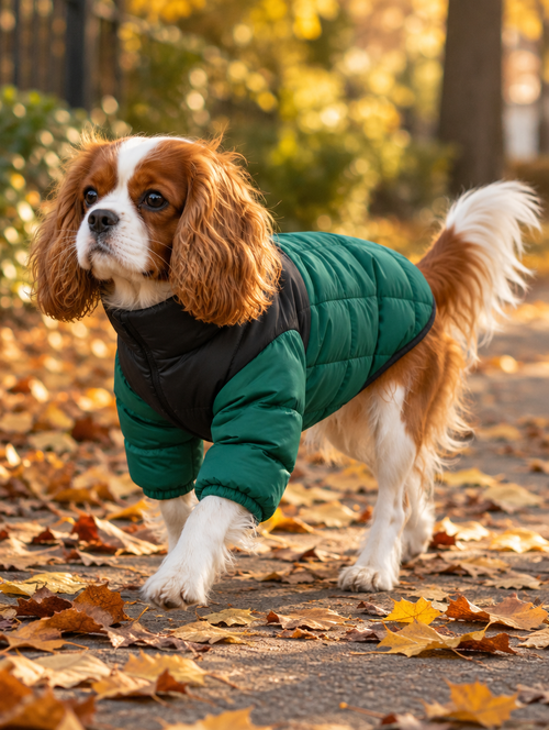 Cavalier spaniel in a black and green puffer