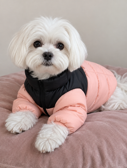 Maltese in a black and pink puffer