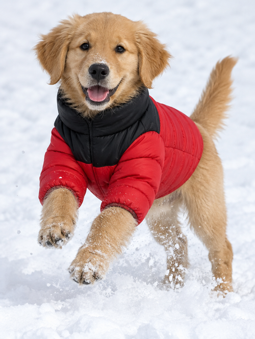 Golden retriever puppy jumping in a black and red puffer