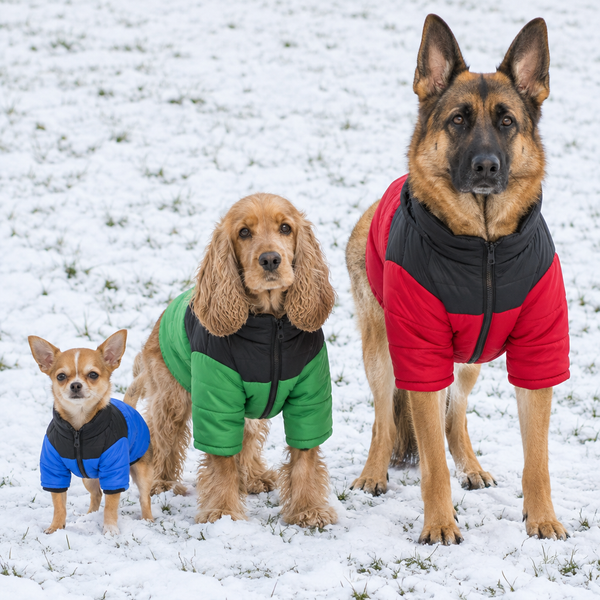 Small, medium and large dogs in colour-block puffers