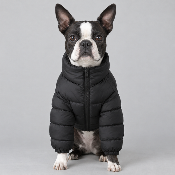 Boston terrier showing both front sleeves of an all-black puffer