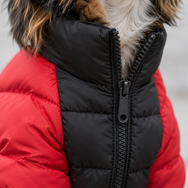 Close-up of the front zip on the black collar panel