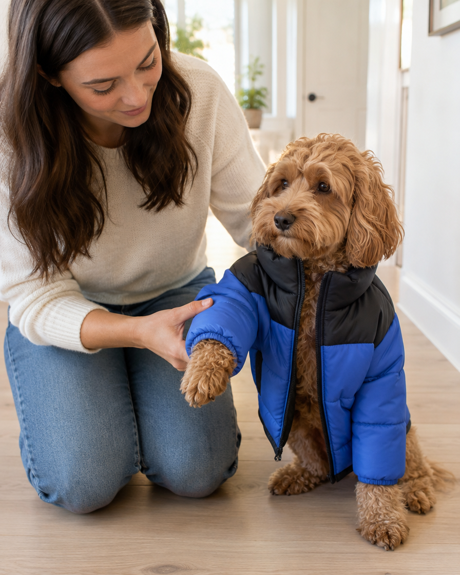 Owner guiding a cockapoo paw into a blue puffer sleeve