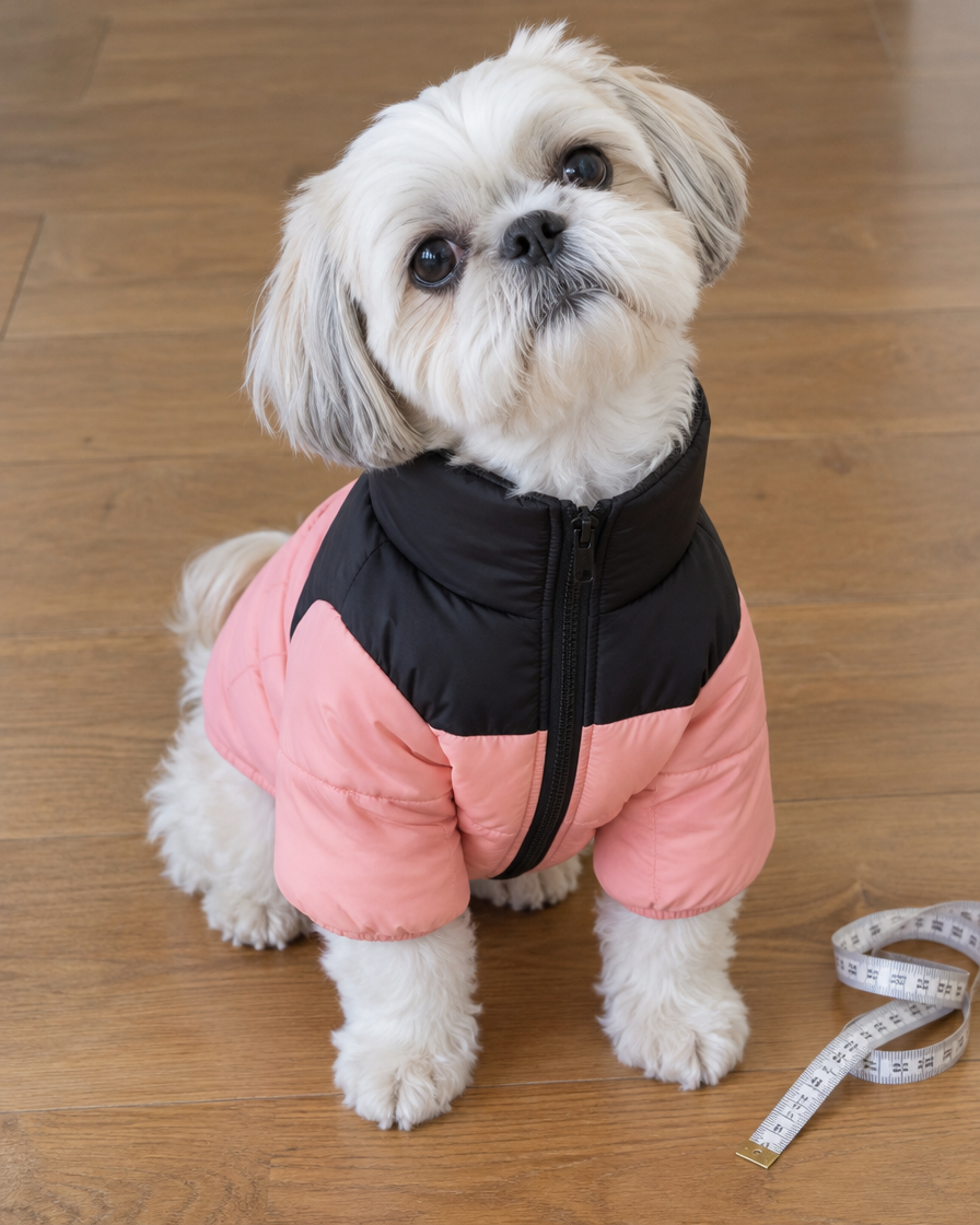 Shih tzu in a black and pink dog puffer next to a measuring tape