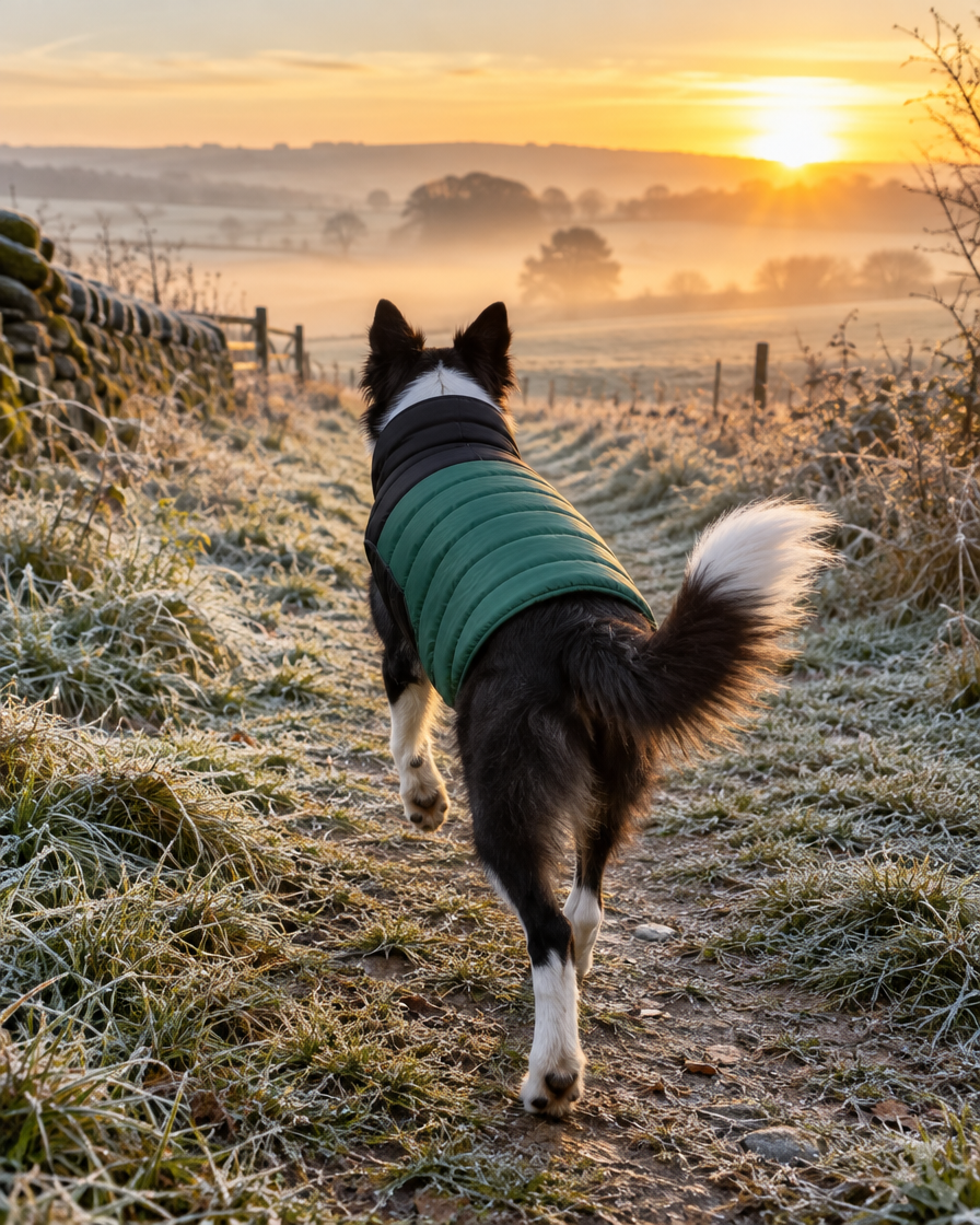 Border collie trotting on a frosty path in a black and green dog puffer