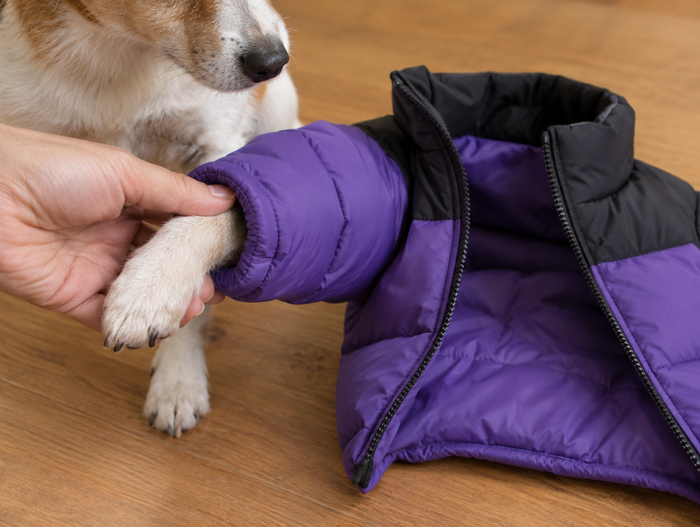 Paw being guided into a purple puffer sleeve