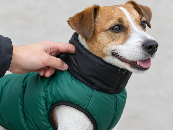 Checking the collar fit of a black and green dog puffer