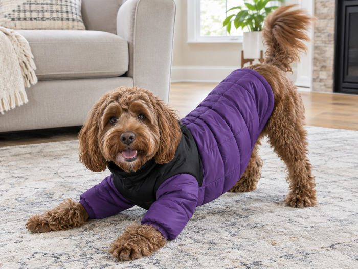 Cockapoo play bow in a black and purple dog puffer